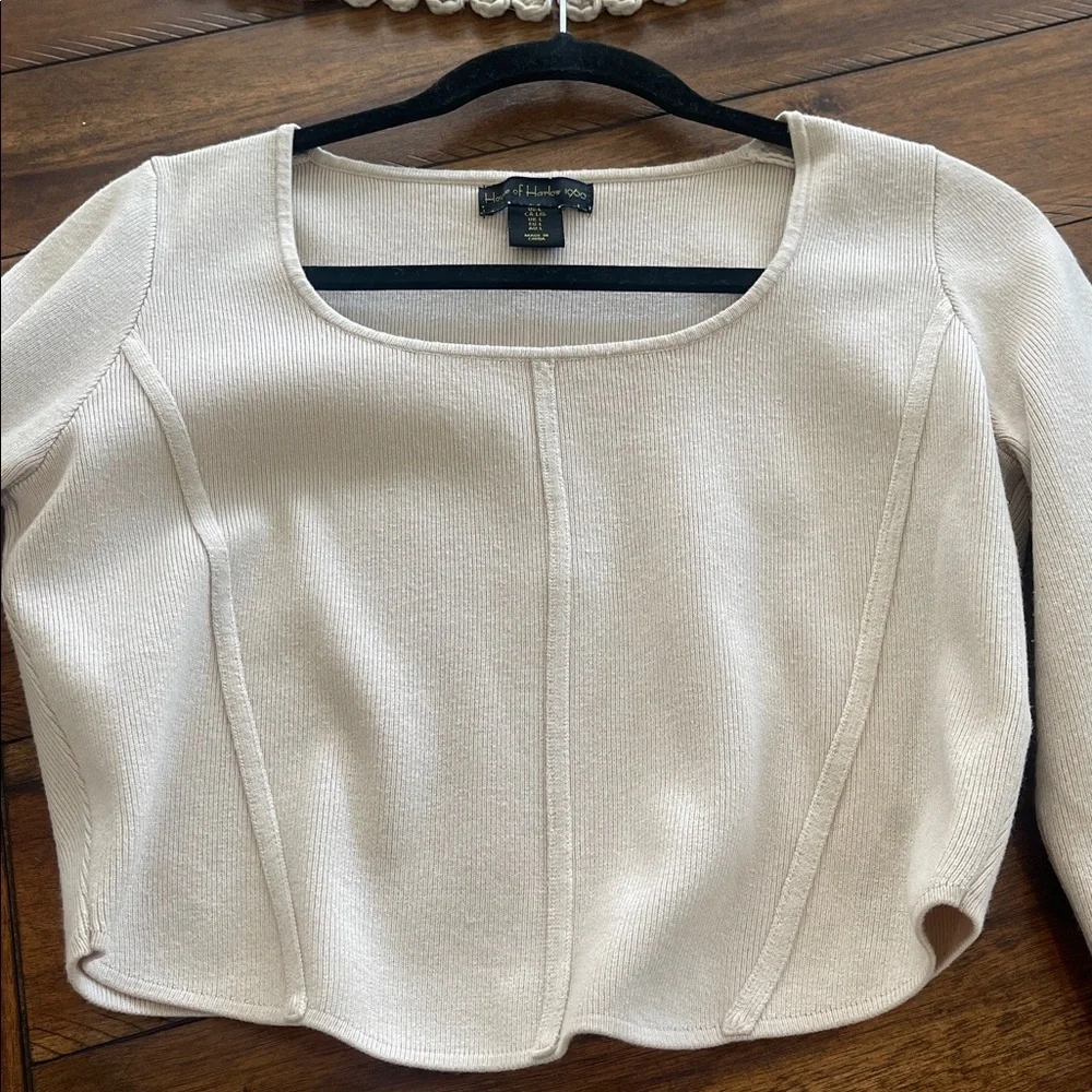 House of Harlow corset ribbed long sleeve scoop cropped beige knit sweater sz L - Picture 14 of 14